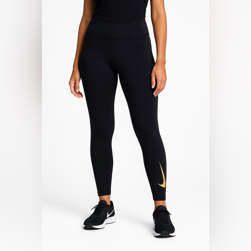 Nike Dry-Fit high rise leggings w-gold swoosh athletic compression performance S